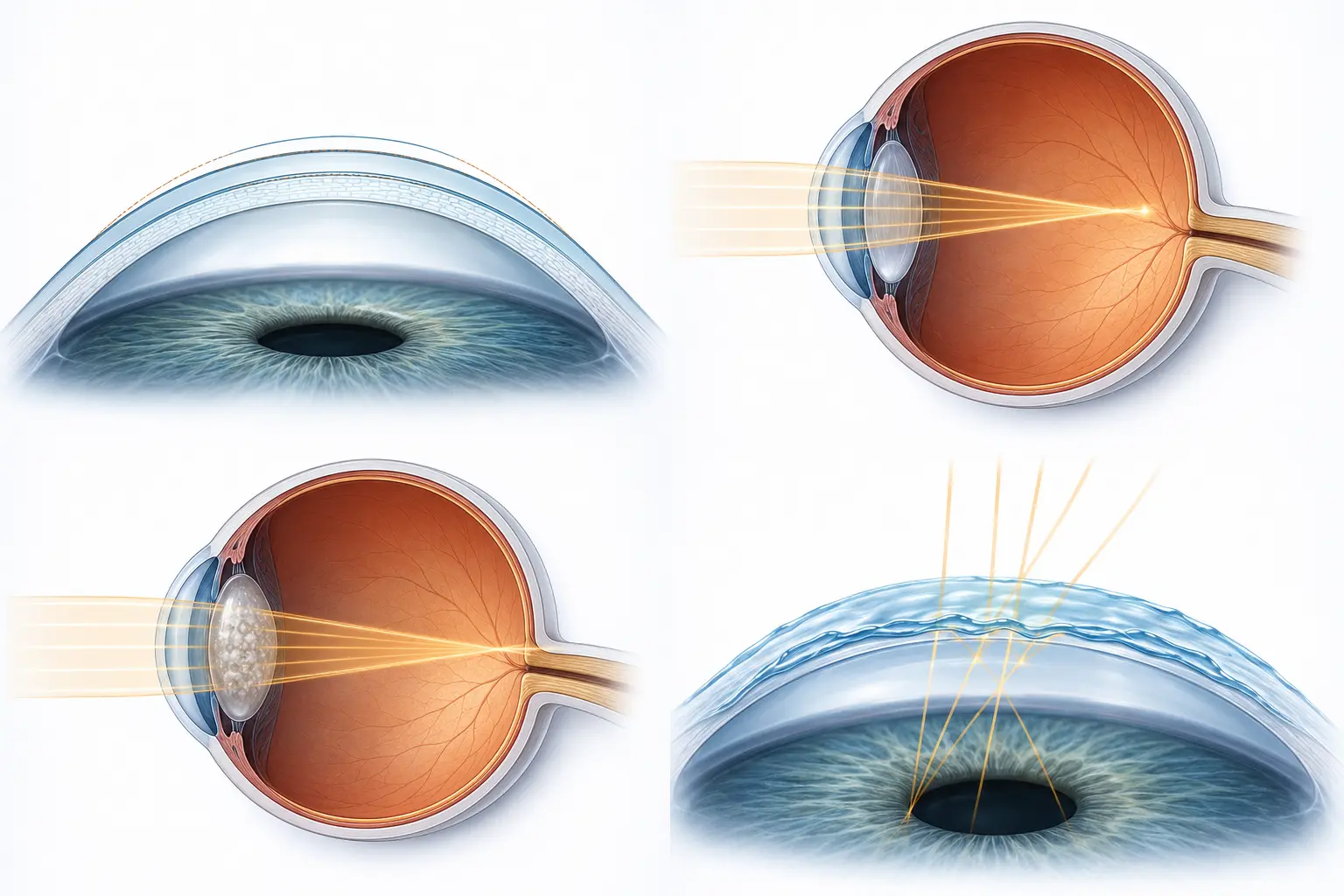 Ilustração das causas de visão embaçada após cirurgia refrativa: córnea, miopia, cristalino e filme lacrimal