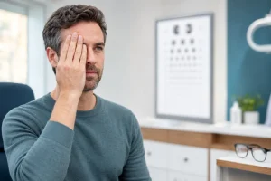 Paciente em teste de visão após perceber que o grau voltou depois da cirurgia a laser