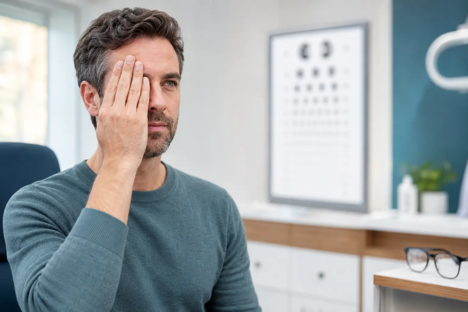 Paciente em teste de visão após perceber que o grau voltou depois da cirurgia a laser
