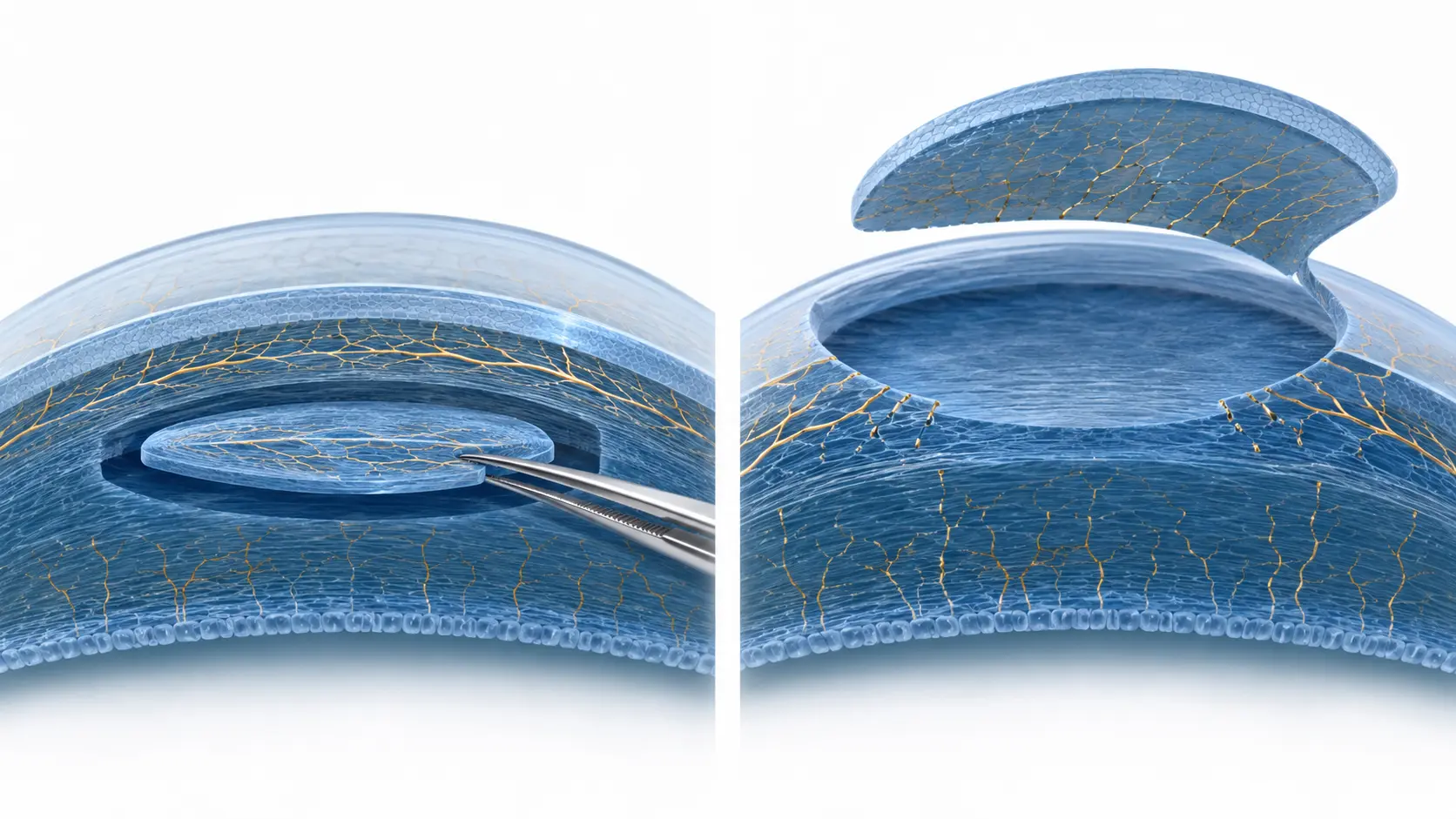 Comparação entre SMILE e LASIK mostrando a pequena incisão da SMILE, o flap do LASIK e a diferença na preservação dos nervos da córnea